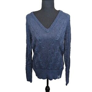 Helly Hansen Womens Sweater Blue Cable Knit 100% Merino Wool Preppy Casual Large